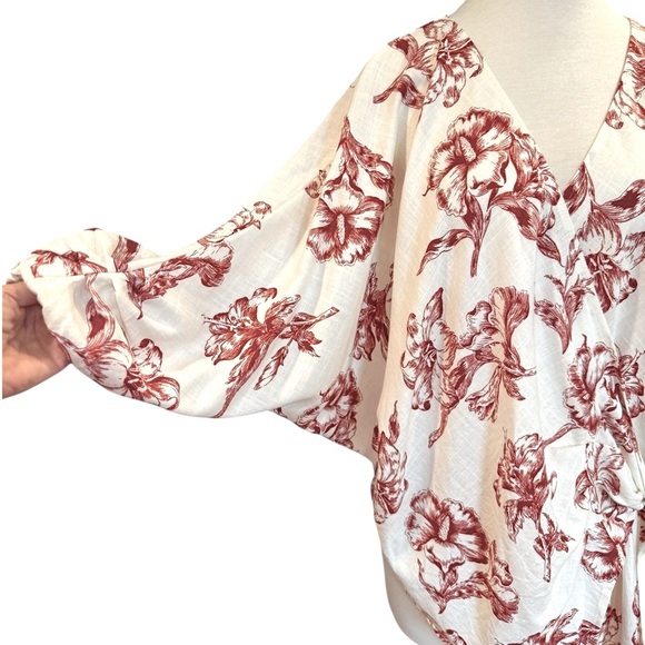 Zara Wrap Kimono Top Linen Blend Red White Toile Floral Print Puff Sleeve Large - Picture 8 of 12